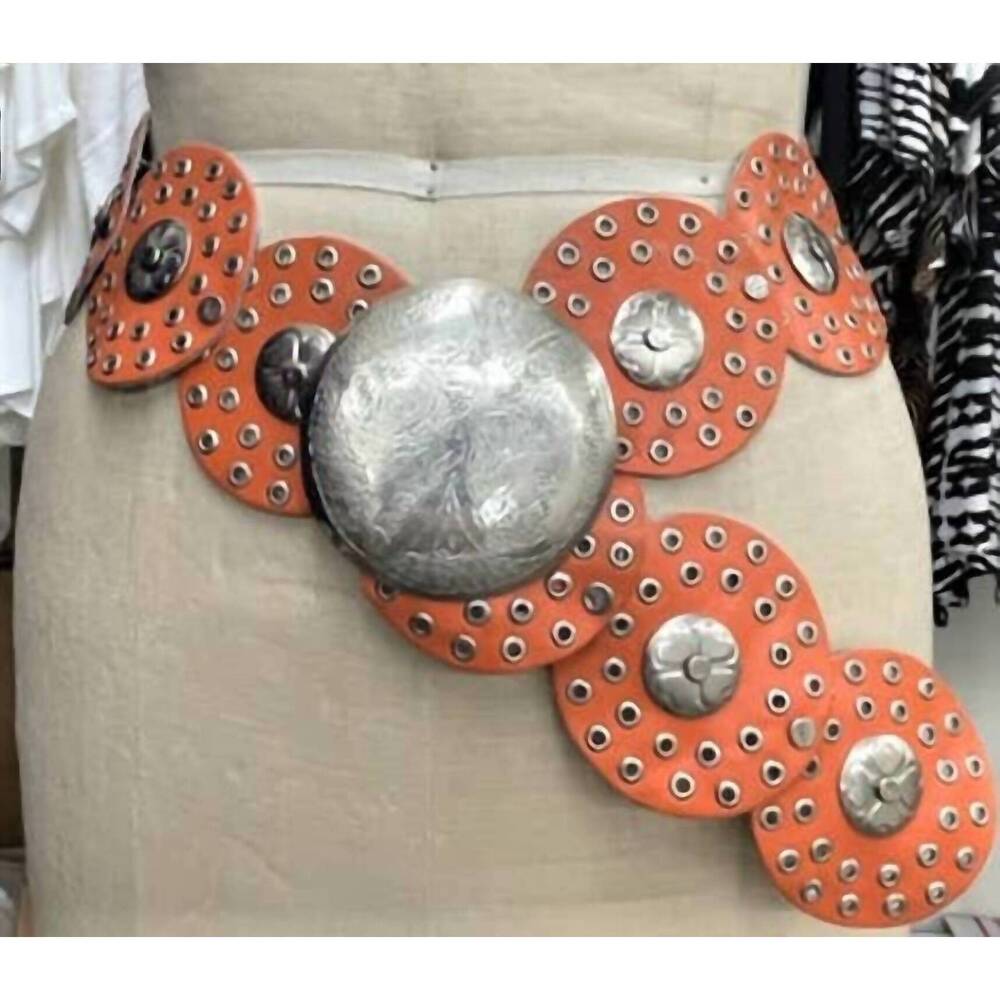 NEW DAIRI women's medallion metallic leather belt in orange